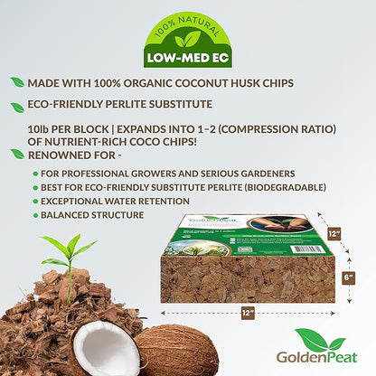 Organic 10lb Compressed Coco Chips Block is a Renewable high-Performing Substitute for Perlite eliminating Respiratory Hazards. Medium EC, Nutrient-Rich with Optimal Aeration and Drainage