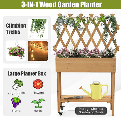Raised Garden Bed with Trellis, Fir Wood Elevated Planter Bed with Legs, 2 Lockable Wheels & Storage Shelf, Wooden Planter Box Raised Bed for Gardening, Backyard, Balcony & Greenhouse