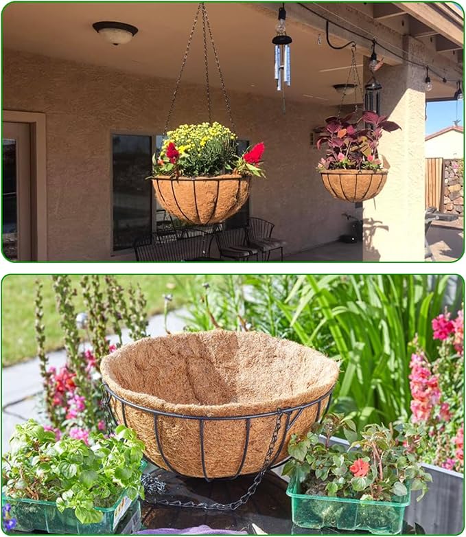 Hanging Baskets Planter for Plants - 2 Pack 10 Inch Metal Baskets with Coco Coir Liner, Hanging Flower Pots for Outside with Chain, Indoor Outdoor Garden Porch Decoration (10'' Pack of 2)