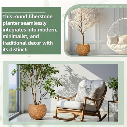 13.5 H x 17" Dia (12" Pot Opening) Round Fiberstone Planter with Drainage Hole, Indoor/Outdoor Large Plant Pot for Home Patio Garden, Ideal for Large Plants (White, 17in) (Camel, 17in)