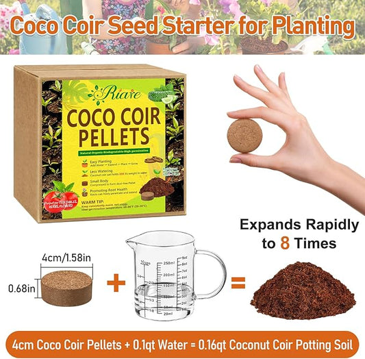 Riare 100 Pcs 40mm Organic Coco Coir Seed Starter Soil, Compressed Coconut Coir Potting Soil Mix for Seed Starting, Coconut Fiber Pellet for Planting Indoor & Outdoor Plants, Vegetables, Garden