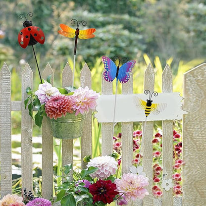 Veclotch 4Pcs Metal Insects Garden Stakes, 16"" H Rustic Butterfly, Bee, Dragonfly, Ladybug Stake, Decorative Spring Outdoor Garden Decor Planter Flower Pot Metal Stick for Patio,Lawn,Yard,Pathway