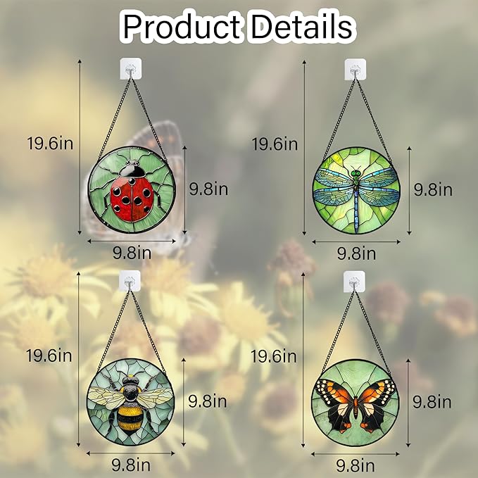 Stained Glass Window Hanging 4 Pcs Set Butterfly Dragonfly Bee Ladybug 9.8" - Suncatcher Door Garden Sun Catcher Decor Birthday Mother's Day for Mom Woman Nana Men