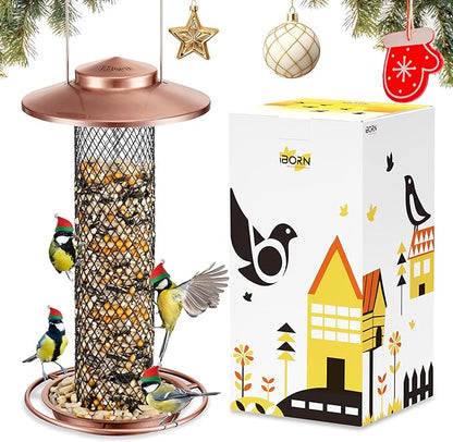 iBorn Peanut Bird Feeder,Sunflower Seed Feeder,13.5 Inch Metal Mesh Tube Bird Feeders for Outdoors Hanging,Squirrel-Proof Birdfeeders for Peanut with 17cm Weatherproof Roof & Tray,2 LB Capacity,Copper