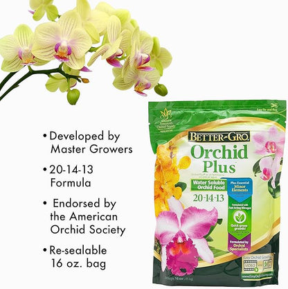 Better-Gro Orchid Plus 20-14-13 - Urea-Free Orchid Fertilizer for Vigorous Growth, Water Soluble, Nitrate Nitrogen-Rich, Ideal for Indoor Potted Plants and Tropical Plants - 16 oz Resealable Bag