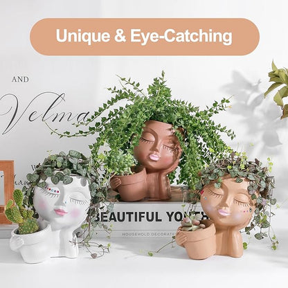 Face Planter Pots Head Planters for Indoor Outdoor Plants - Double Plant Pots for Flower Succulent with Drainage Holes - Ideal Present Ideas(Black Lady)