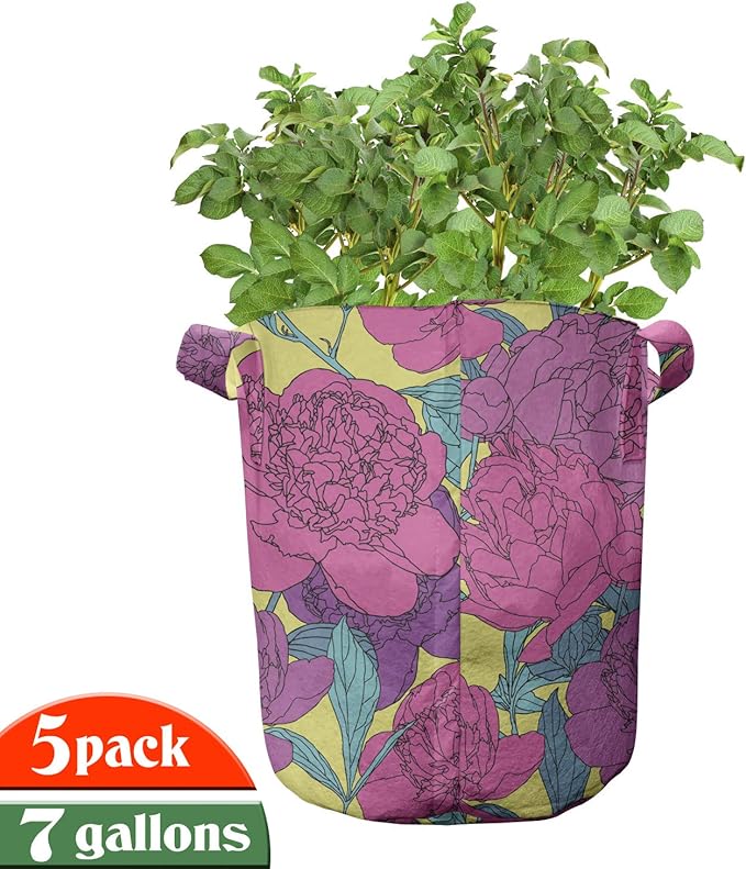 Lunarable Colorful Grow Bags 5-Pack, Peony Carnation Blossoms, Heavyduty Fabric Pots with Handles for Plants, Yellow Magenta