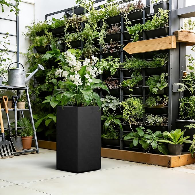 Kante 27.6" H Tall Rectangular Concrete Planter, Modern Square Diameter Plant Pot with Drainage Hole and Rubber Plug for Indoor Outdoor Home Patio Garden, Black