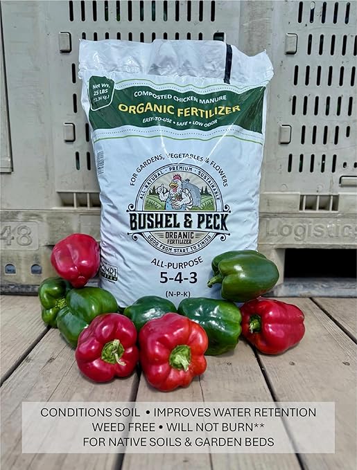 Bushel & Peck Organic Compost Fertilizer 5-4-3 - Pelleted Poultry Manure | OMRI Listed | Natural Soil Amendment for Gardens, Flowers, Vegetables & Lawns (25 Pounds (1 Bag))