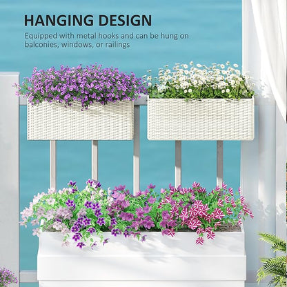 Outsunny Railing Planter Box (2 Pack, 20 Inch), Hanging Flower Pots with Hooks, Drainage Holes for Fence, Balcony, Garden, Patio, Rattan Look, White