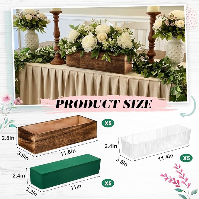 Dandat 5 Set Wood Boxes for Centerpieces 12x4 Inch Rectangle Wooden Planter Box Rustic Wood Planter with Removable Plastic Liner Floral Foam Blocks for Centerpieces Home Wedding Garden Decor