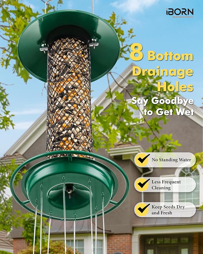 iBorn Peanut Bird Feeder,Sunflower Seed Feeder,13.5 Inch Metal Mesh Tube Bird Feeders for Outdoors Hanging,Squirrel Proof Birdfeeders for Peanut with 17cm Weatherproof Roof & Tray,2 LB Capacity,Green