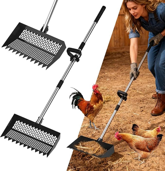 Chicken Poop Scooper & Rake 2-in-1 – 12 Inch Shovel Head & 3-Angle Adjustable Stainless Steel Handle, Chicken Litter Scoop and Coop Rake & Sand Sifting Shovel for Chicken Coops, Black