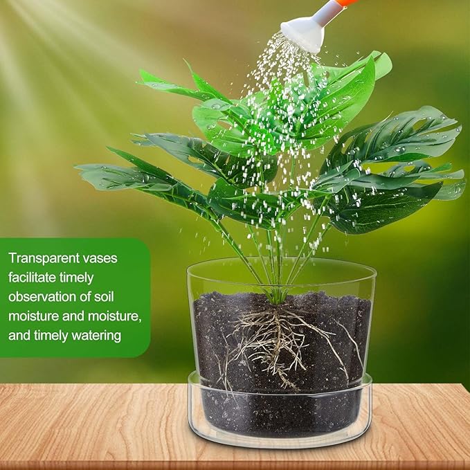 2 Sets 6 Inch Glass Planter with Drainage Hole and Tray Indoor Clear Plant Pots with Saucer Modern Decorative Orchid Glass Pot for Outdoor Flower Plants