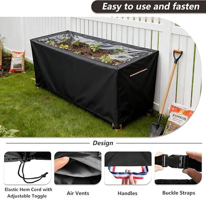 Spring Outdoor Raised garden bed cover With Transparent PVC Top Window,Waterproof Heavy Duty Covers with Split Zipper for 48 x 24 x 30 inch Elevated Wood Planter Box Stand(Black,Cover only) ﻿