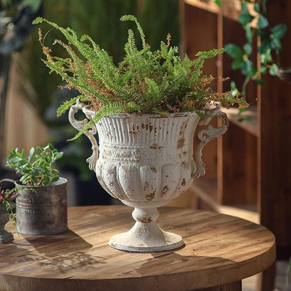 Balcony Vintage Style Distressed White Metal Indoor Outdoor and Garden Planter European Retro Rustic Shabby Chic Iron Flower Pot with Handle for Home Decor