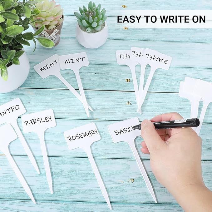 Greaner Thick Plastic Plant Makers, 6 Inch White T-Type Plant Tags, Plant Markers for Outdoor Plants Waterproof, Nursery Garden Labels for Seeds with A Marker Pen(50 PCS)