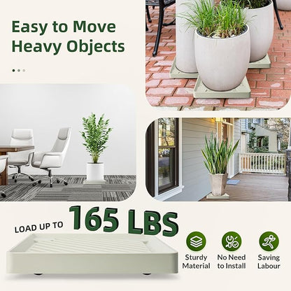 2PCS Square Plant Caddy with Hidden Wheels, Heavy Duty Rolling Plant Stand Caddy with Wheels, Pot Base for Indoor Outdoor, Beige, 9.96 inches