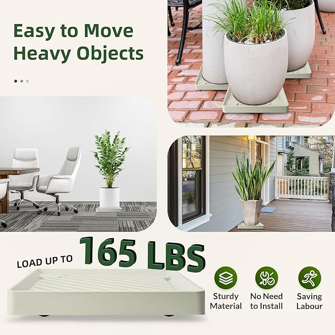 2PCS Square Plant Caddy with Hidden Wheels, Heavy Duty Rolling Plant Stand Caddy with Wheels, Pot Base for Indoor Outdoor, Beige, 14 inches