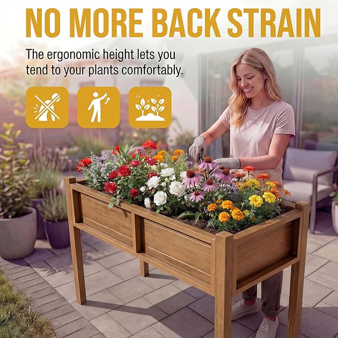 DWVO Raised Garden Bed HDPE with Legs Poly-Wood Weatherproof Elevated Planter Box Outdoor with Drainage System Patio Planters for Herbs Vegetables Flowers Plant Bed for Garden Balcony Backyard, Teak
