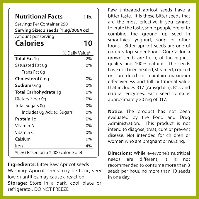 Bitter Apricot Seeds/Kernels, Natural Source of Vitamin B17, Large and Raw, Vegan, Non GMO California Grown, In a Recyclable Stay Fresh Resealable Pouch 1lb