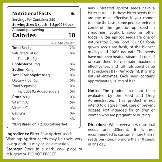 Bitter Apricot Seeds/Kernels, Natural Source of Vitamin B17, Large and Raw, Vegan, Non GMO California Grown, In a Recyclable Stay Fresh Resealable Pouch 1lb