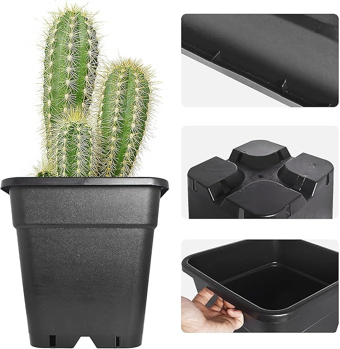 10 Pack Square Planter Nursery Pots 5.2 Gallon Pots for Plants, Plastic Flower Pots, Black Grower Pots with Drainage Hole for Indoor and Outdoor
