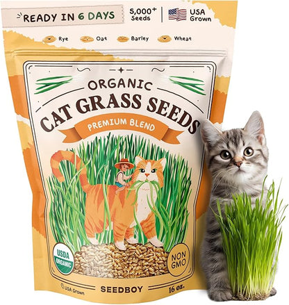 Seedboy Organic Cat Grass Seeds for Planting, Non-GMO Wheat, Oat, Rye, and Barley Cat Grass for Indoor Cats (16 oz)