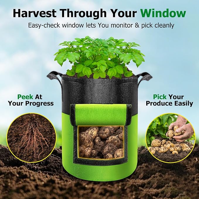 6 Pack Potato Grow Bags with Flap, 10 Gallon Grow Bags for Growing Potatoes, Colorful Durable Fabric Garden Planter Pots with Harvest Window for Tomatoes Vegetables Fruit Flowers Herbs