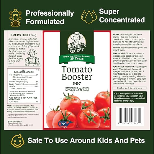 Farmer's Secret Tomato Booster Fertilizer (32oz) - Super Concentrated - 3:8:7 Ratio Fortified with Humic Acid, Iron and Calcium - Grow More Tomatoes