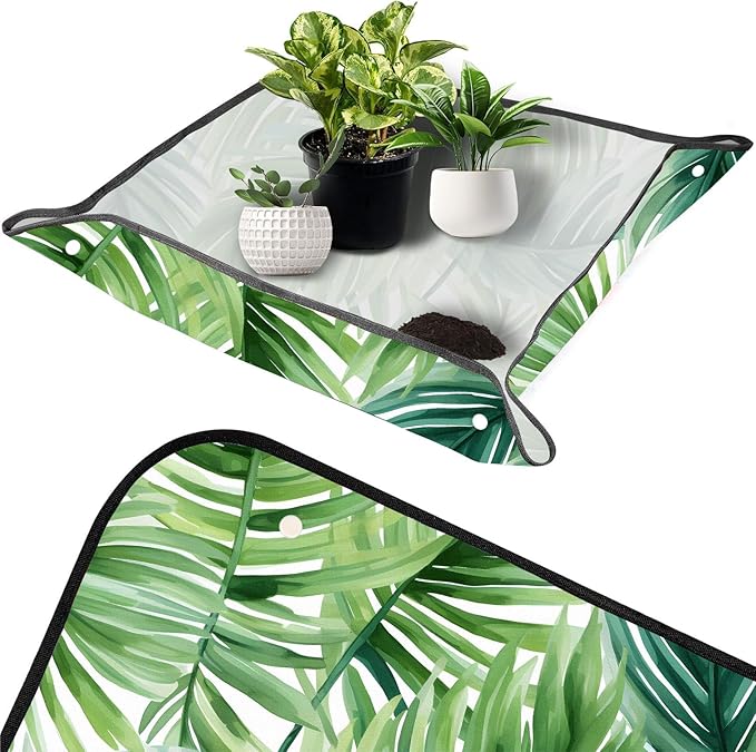 Pardick Repotting Mat for Indoor Plant 19.7"x19.7" Tropical Leaves Soil Change Mat Waterproof Planting Tray Foldable Succulent Potting Mat Gardening Gifts for Women Men Plant Lovers