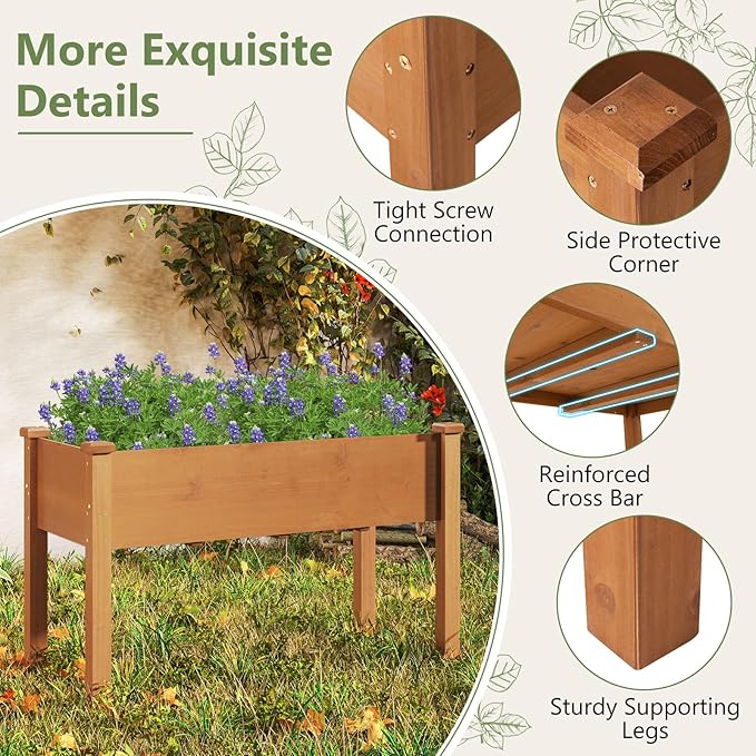 HAPPYGRILL Raised Garden Bed, Outdoor Wood Garden Box w/Legs, Drainage Holes, Black Garden Liner Fabric, Solid Wood Frame, Elevated Planter Box for Backyard Patio Balcony, 49” x 23” x 30” (L x W x H)