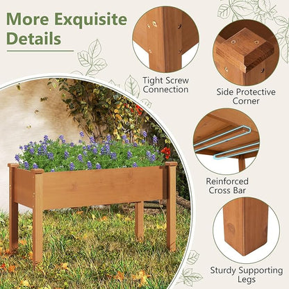 HAPPYGRILL Raised Garden Bed, Outdoor Wood Garden Box w/Legs, Drainage Holes, Black Garden Liner Fabric, Solid Wood Frame, Elevated Planter Box for Backyard Patio Balcony, 49” x 23” x 30” (L x W x H)