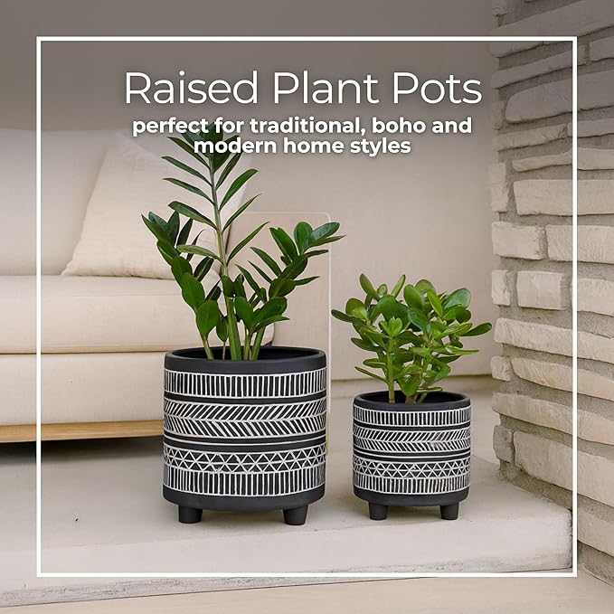 Set of 2 Tribal Look Footed Decorative Planter Pot – Ceramic Stoneware Outdoor and Indoor Plant Pot – Modern Garden and Home Decor Planters – 6" and 8", Black