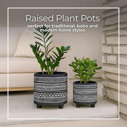 Set of 2 Tribal Look Footed Decorative Planter Pot – Ceramic Stoneware Outdoor and Indoor Plant Pot – Modern Garden and Home Decor Planters – 6" and 8", Black