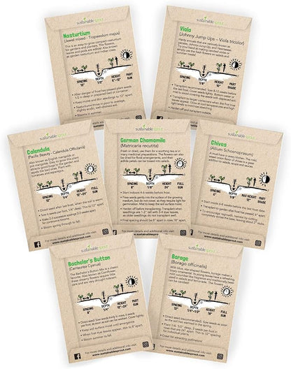 Edible Flower Seeds for Planting: 7 Variety Packets: Viola, Calendula, Chamomile, Chives, Bachelor Button, Borage & Nasturtium, Annual & Perennial Edible Flower Seeds Garden Kit by Sustainable Sprout