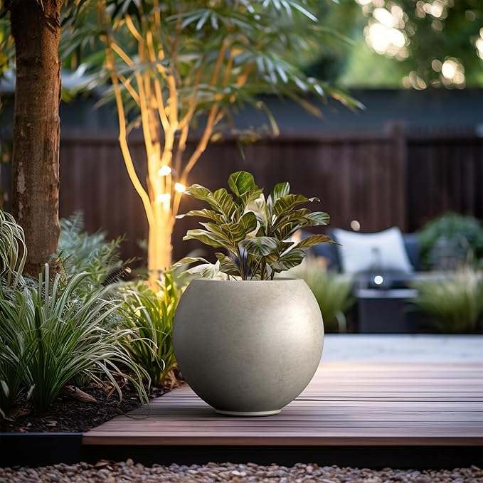 Kante Round Concrete Flower Pot, 19.3 Inch Dia (14" Opening) Sphere Shape Design Planter with Drainage Hole and Rubber Plug for Outdoor Plants, Weathered Concrete Finish with Painted Interior