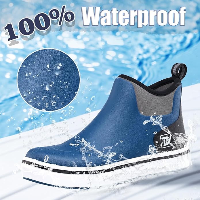 Trudave Mens Deck Boots, Waterproof Rubber Fishing Rain Boots, Anti-slip Short Ankle Shoes for Outdoor Fishing, Boating, Size 5-14