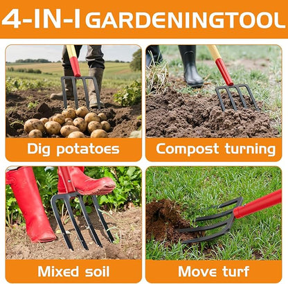 HIGHLIGHT Garden Fork, 4-Tine Spading Fork, Compost Fork, Steel Digging Fork, 45Inch, Steel D-Grip, Wooden Handle