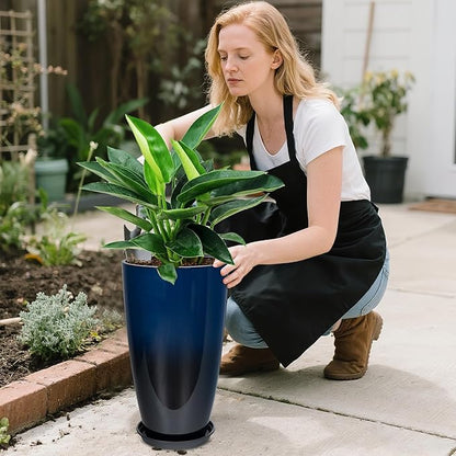 24/21/12 Inch Large Plastic Planter, Lightweight Ceramic-Look Tall Planters with Drain Hole & Saucers, Tall Plastic Planters for Porch, Garden, Patio, Balcony(Dark Blue)