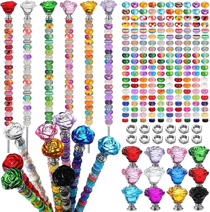 Tigeen 236 Pcs Garden Stake DIY Fairy Wand Plant Stake with 12 Colorful Crystal Stopper Top 12 Threaded Rod with 200 Large Hole Bead for Spring Summer Holiday Outdoor Decorations(Rose Flower)