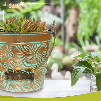 Headwind Robert Allen Vintage Floral Metal Planter with Handle, 12-Inch, Vintage Copper – Lightweight Indoor/Outdoor Flower Pot with Drainage Hole