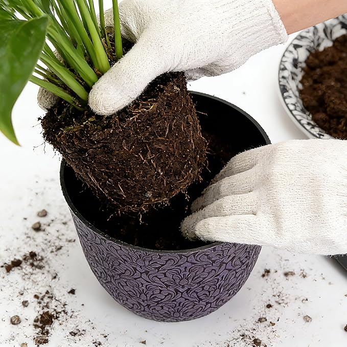 Worth Garden Plastic Round 8" Plant Pots for Indoor Plants - Set of 6 Multicolor Small Flower Pots W/Drainage Hole and Rubber Plug - Home Christmas Decorative planters Retro Floral Pattern