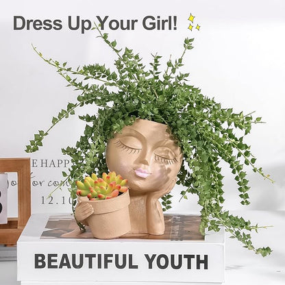 Face Planters Pots Head Planter for Indoor Outdoor Plants - Cute Plant Pots for Flower Succulent with Drainage Hole - Ideal Present Ideas(Khaki Lady)