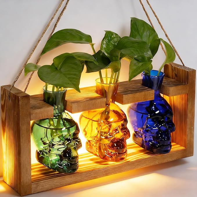 Skull Plant Propagation Station with LED Lights - Halloween Decor Skull Planter, Hydroponics Pot for Office, Unique Gifts for Women & Plant Lovers(3*Mixed Color)