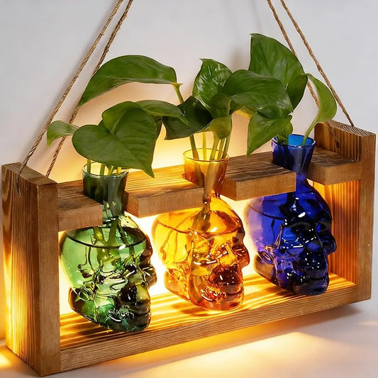 Skull Plant Propagation Station with LED Lights - Halloween Decor Skull Planter, Hydroponics Pot for Office, Unique Gifts for Women & Plant Lovers(3*Mixed Color)
