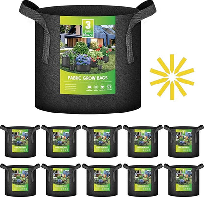 iPower 10-Pack 3 Gallon Thickened Grow Bags Nonwoven Fabric Pots Aeration Container with Strap Handles for Garden and Planting, Black