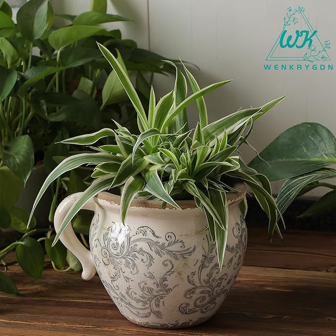 Vintage Flower Pot Rustic Planter Container with Handle Ceramic Ice Crack Plant Pot with Drainge Hole Decorative Planter for Indoor and Outdoor Tuscan Decor Vase Gardening Gift (Grey)