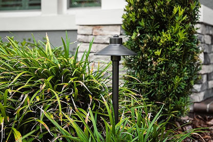 VOLT Flat Hat 12V Black Brass Path Light (7" Shade, 24" Tall) with 3W 2700K Warm White G4 LED Bulb for Low Voltage Landscape Lighting on Outdoor Pathway, Walkway, Garden, Driveway or Patio
