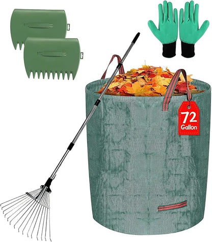 Adjustable Metal Leaf Set 65" Adjustable Handle Rake Set,32-63" Handle, 8-23" Wide with 72-Gallon Leaf Scoops&Bag-Heavy Duty Garden Rake for Lawns, Shrubs, Grass, Flower Beds & Outdoor Use